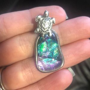 Silver Dichroic Glass Turtle Pendent